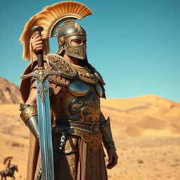 A majestic Achaemenid knight stands proudly, adorned in ornate armor that showcases intricate golden patterns, symbolizing wealth and power