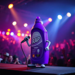 A vibrant purple washing liquid bottle with a cap, placed prominently on stage during a concert