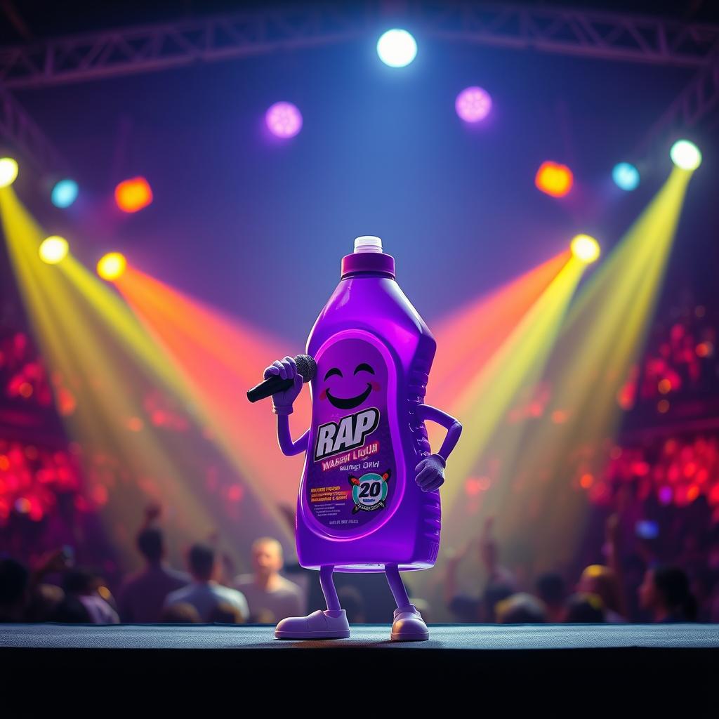 A vibrant purple washing liquid bottle with a cap, placed prominently on stage during a concert