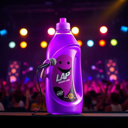 A vibrant purple washing liquid bottle with a cap, placed prominently on stage during a concert