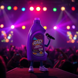 A vibrant purple washing liquid bottle with a cap, placed prominently on stage during a concert