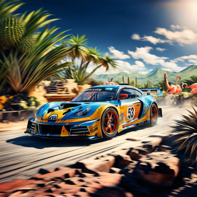 Digital art of a sleek, high-speed race car from Bonaire, painted in the colors of the island's flag, racing on a track surrounded by distinctive cacti and flamingos