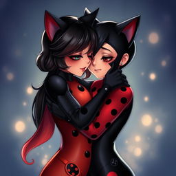 Ladybug and Cat Noir share a heartfelt hug, their eyes closed in a moment of intimacy as they shield themselves from the world