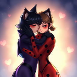 Ladybug and Cat Noir share a heartfelt hug, their eyes closed in a moment of intimacy as they shield themselves from the world