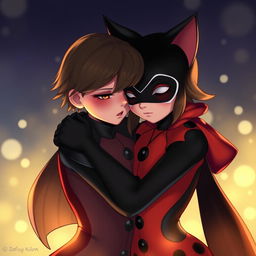Ladybug and Cat Noir share a heartfelt hug, their eyes closed in a moment of intimacy as they shield themselves from the world