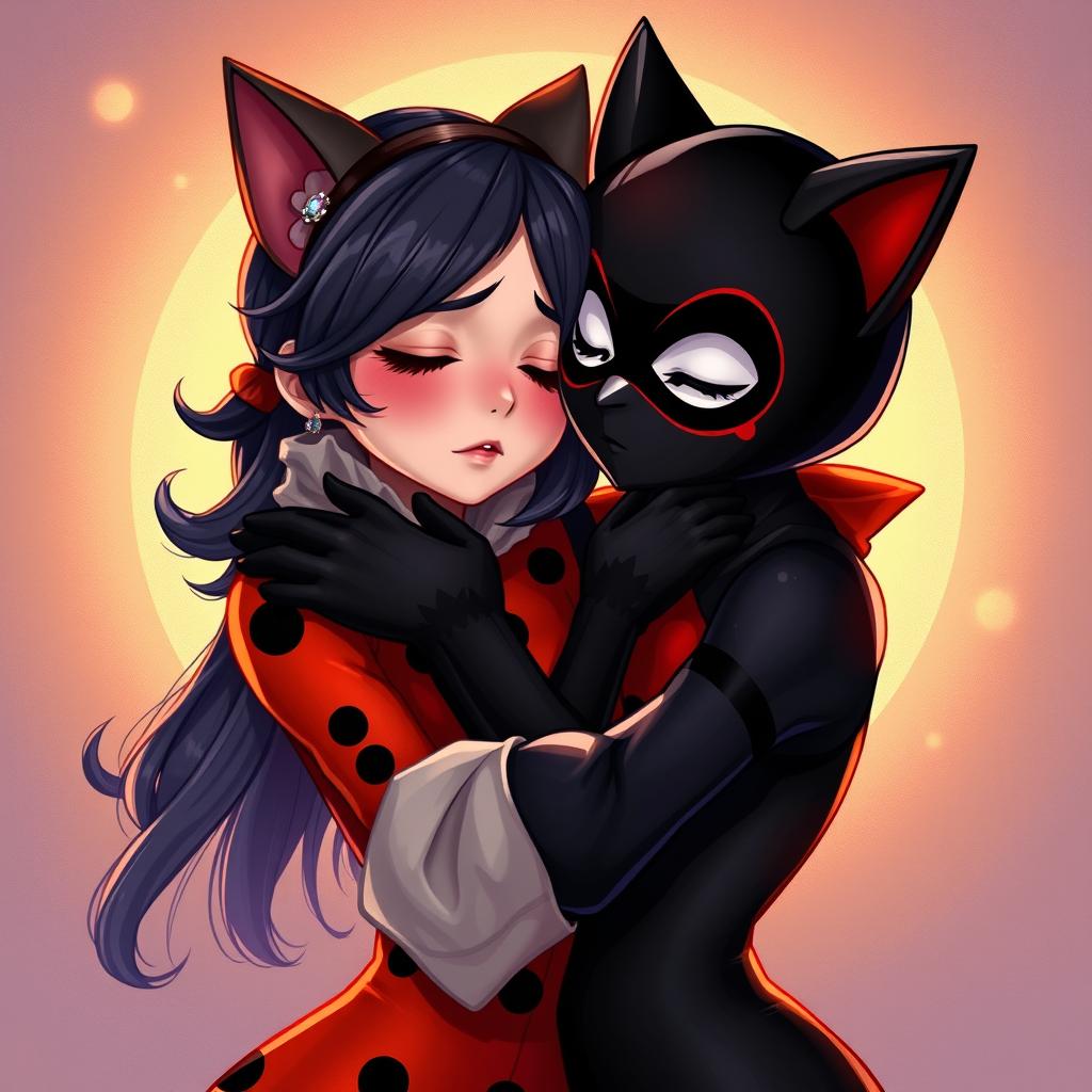 Ladybug and Cat Noir share a heartfelt hug, their eyes closed in a moment of intimacy as they shield themselves from the world
