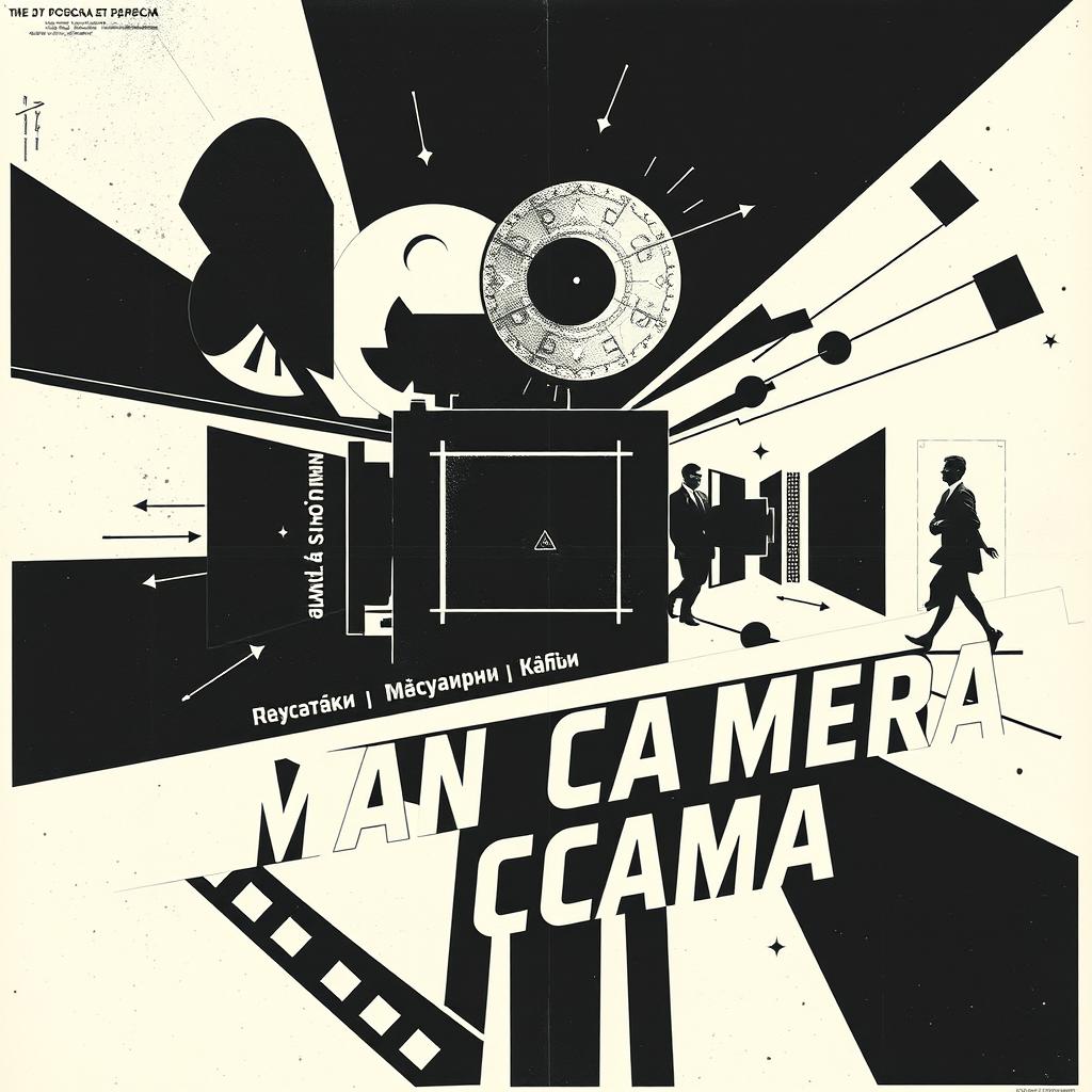 A striking Russian poster for the film 'Man with a Movie Camera' designed in a captivating avant-garde style, featuring a bold black and white composition