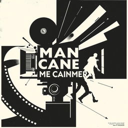 A striking Russian poster for the film 'Man with a Movie Camera' designed in a captivating avant-garde style, featuring a bold black and white composition