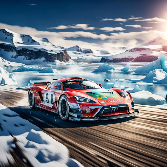 Digital art of a sleek, high-speed race car from Greenland, painted in the colors of the country's flag, racing on a track set against a backdrop of icebergs and snow-covered mountains