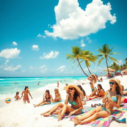 A vibrant beach scene featuring a group of young women enjoying a sunny day at the beach