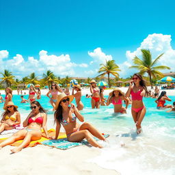 A vibrant beach scene featuring a group of young women enjoying a sunny day at the beach