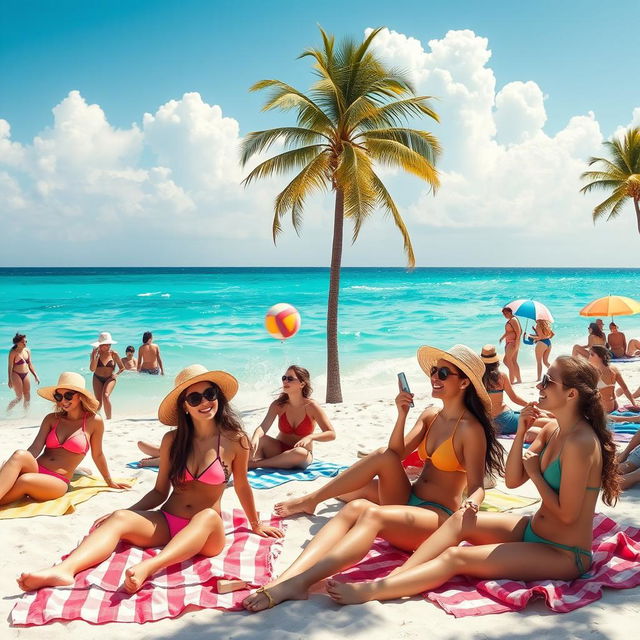 A vibrant beach scene featuring a group of young women enjoying a sunny day at the beach