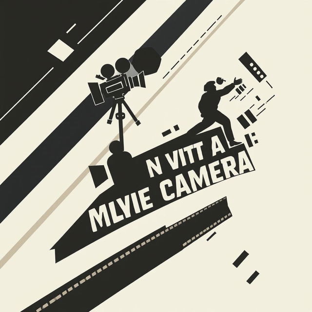 A captivating Russian poster for the film 'Man with a Movie Camera', designed in an avant-garde style with a striking black and white diagonal composition