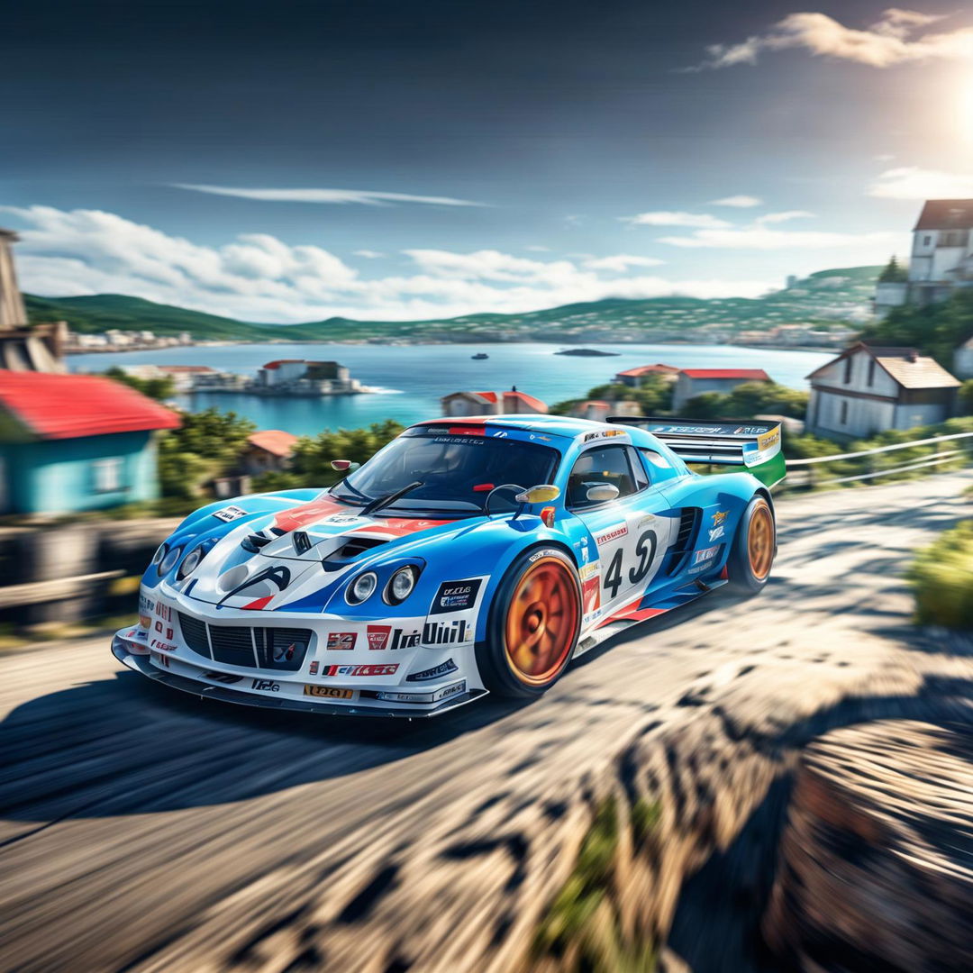 Digital art of a sleek, high-speed race car from Saint Pierre and Miquelon, painted in the colors of the territory's flag, racing on a track set against a backdrop of its rugged coastline and quaint houses