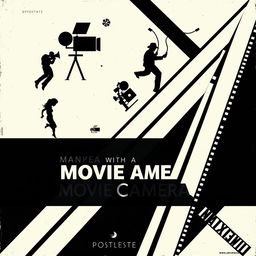 A captivating Russian poster for the film 'Man with a Movie Camera', designed in an avant-garde style with a striking black and white diagonal composition