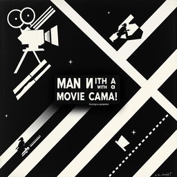 A captivating Russian poster for the film 'Man with a Movie Camera', designed in an avant-garde style with a striking black and white diagonal composition