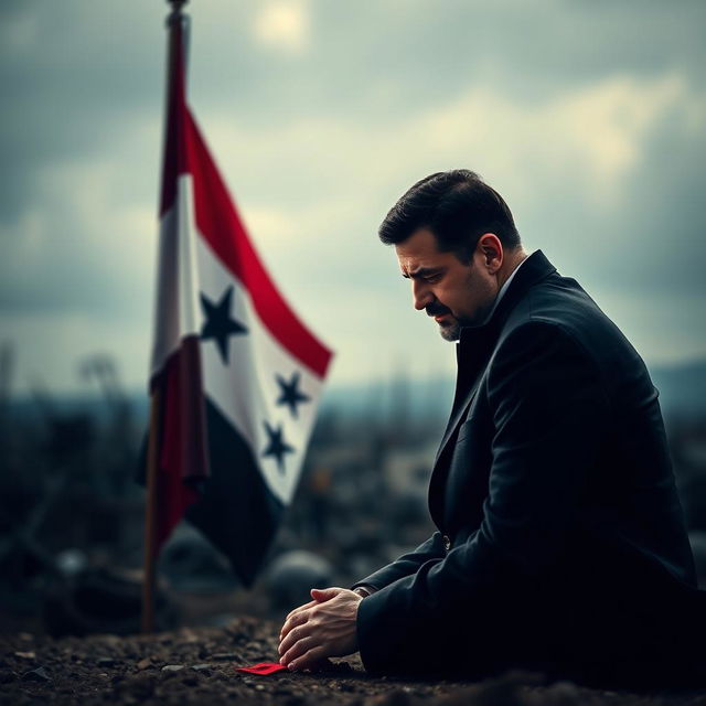 A poignant scene of Bashar al-Assad kneeling in sorrow before the Free Syrian flag