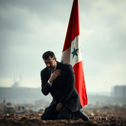 A poignant scene of Bashar al-Assad kneeling in sorrow before the Free Syrian flag
