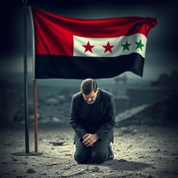 A poignant scene of Bashar al-Assad kneeling in sorrow before the Free Syrian flag