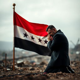 A poignant scene of Bashar al-Assad kneeling in sorrow before the Free Syrian flag