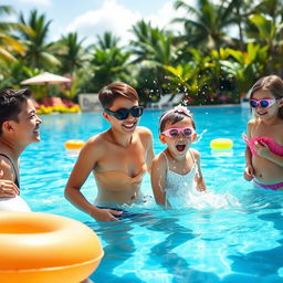 A cheerful scene by a beautiful swimming pool featuring a teenage boy and girl having fun with their mother
