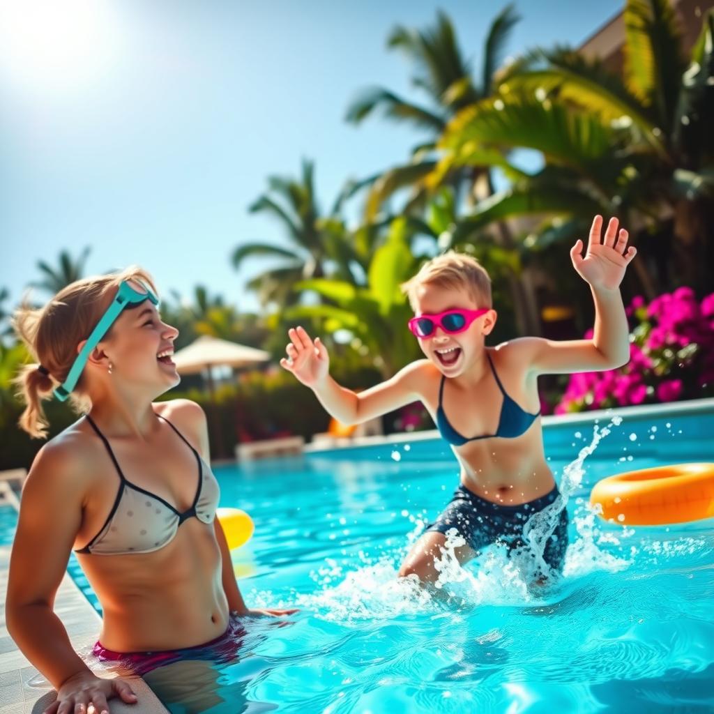 A cheerful scene by a beautiful swimming pool featuring a teenage boy and girl having fun with their mother