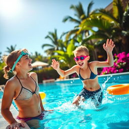 A cheerful scene by a beautiful swimming pool featuring a teenage boy and girl having fun with their mother