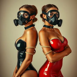Two beautiful slim women with prominent busts, adorned in tight, shiny black and red latex suits that beautifully highlight their figures