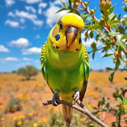 A vibrant Australian budgerigar perched on a branch, surrounded by lush green foliage
