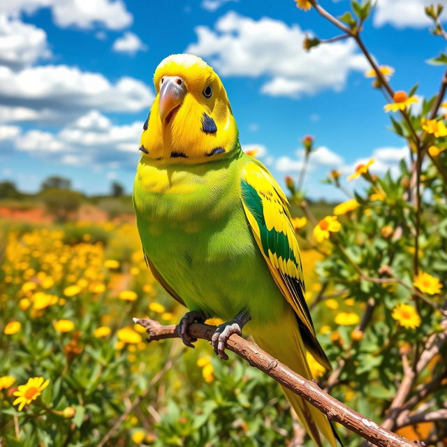 A vibrant Australian budgerigar perched on a branch, surrounded by lush green foliage
