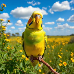 A vibrant Australian budgerigar perched on a branch, surrounded by lush green foliage