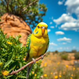 A vibrant Australian budgerigar perched on a branch, surrounded by lush green foliage