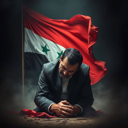 A powerful and emotional scene depicting Bashar al-Assad, the Syrian leader, in a moment of vulnerability