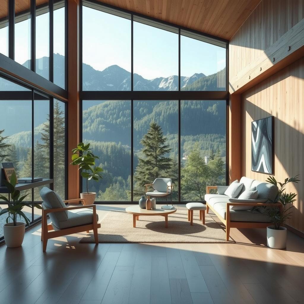 A serene and modern living room interior with large floor-to-ceiling windows showcasing a breathtaking mountain view