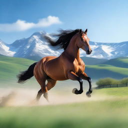 An image of the highest quality showcasing a majestic horse galloping freely across a verdant field