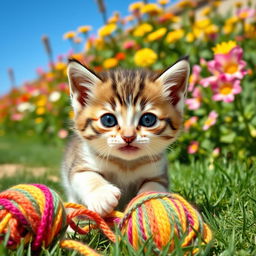 A cute, playful kitten outdoors, with large bright eyes and fluffy fur, playfully mewing as it plays with a colorful ball of yarn on a sunny day