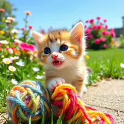 A cute, playful kitten outdoors, with large bright eyes and fluffy fur, playfully mewing as it plays with a colorful ball of yarn on a sunny day