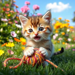 A cute, playful kitten outdoors, with large bright eyes and fluffy fur, playfully mewing as it plays with a colorful ball of yarn on a sunny day