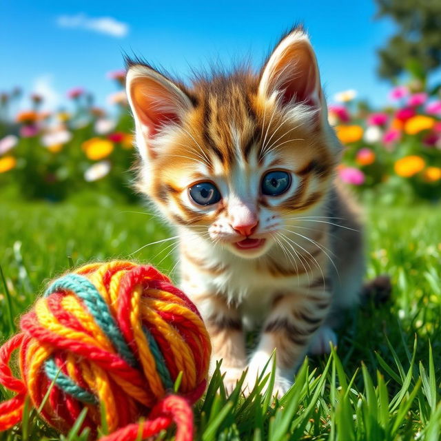 A cute, playful kitten outdoors, with large bright eyes and fluffy fur, playfully mewing as it plays with a colorful ball of yarn on a sunny day