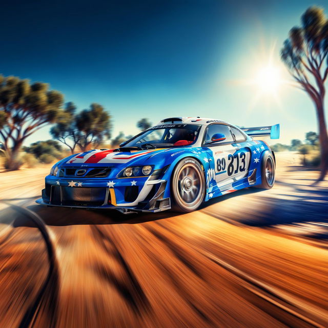 Digital art of a sleek, high-speed race car from Australia, painted in the colours of the country's flag, racing on a track set against a backdrop of red outback sand and eucalyptus trees