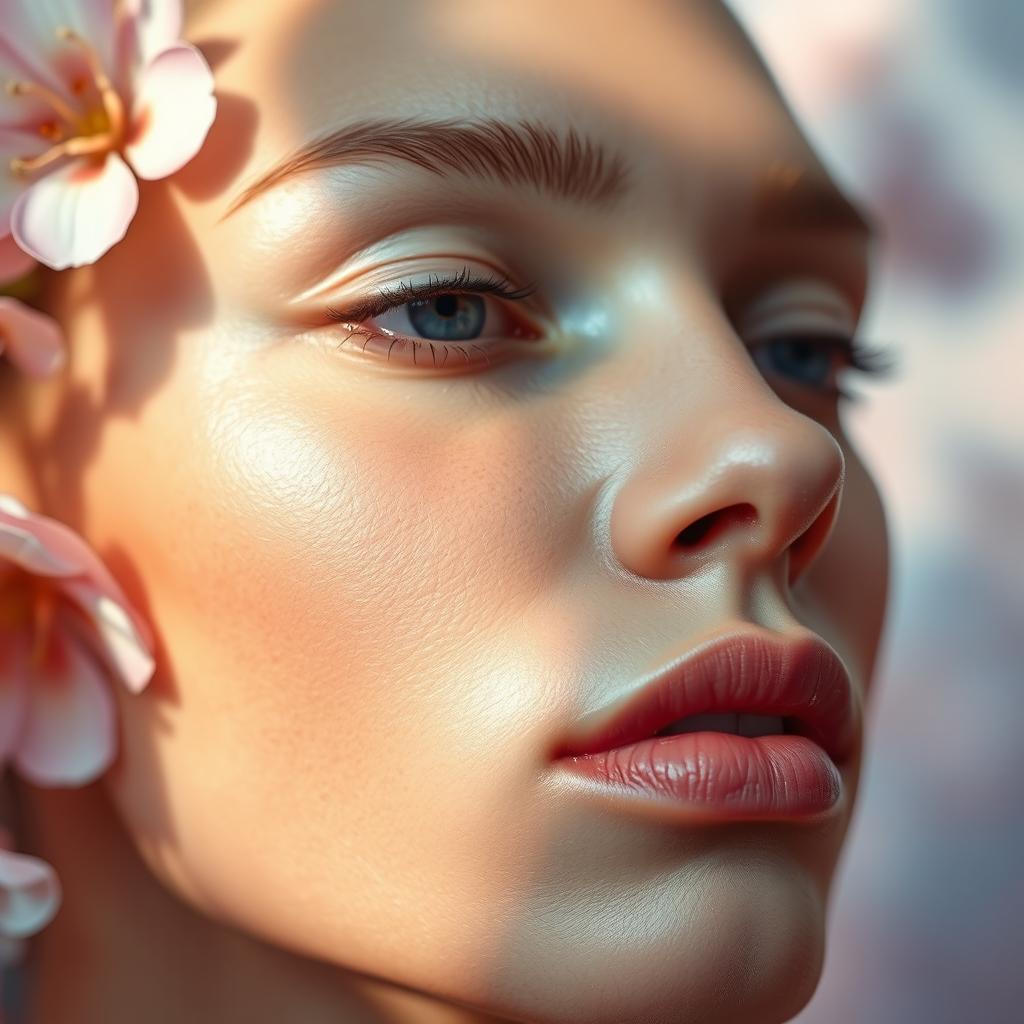 A close-up of a smooth and hairless skin texture, beautifully illuminated with soft light, showing fine details of the skin's texture and health