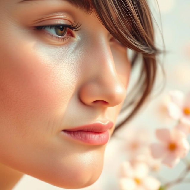 A close-up of a smooth and hairless skin texture, beautifully illuminated with soft light, showing fine details of the skin's texture and health