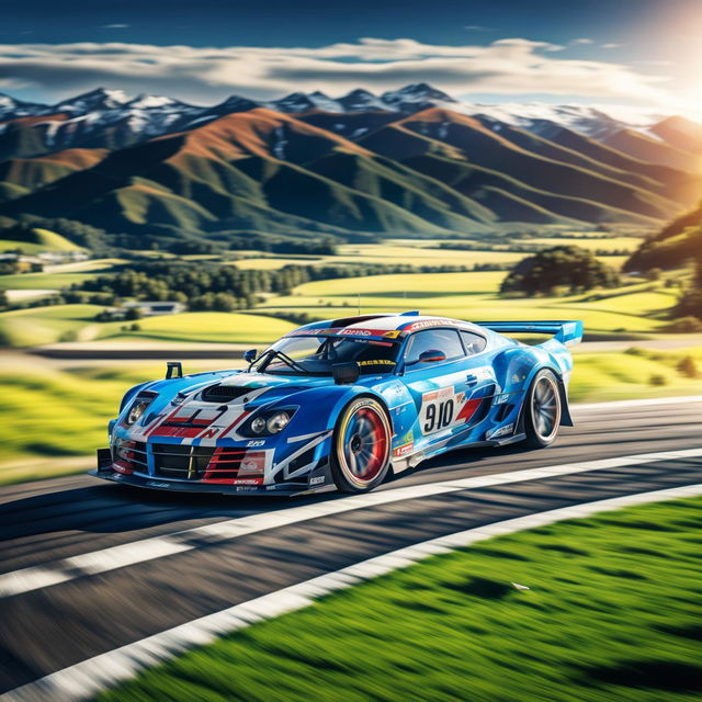 Digital art of a sleek, high-speed race car from New Zealand, painted in the colours of the country's flag, racing on a track surrounded by lush green fields and towering mountains