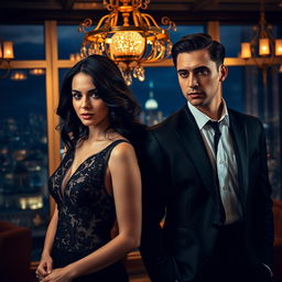 A dramatic and elegant scene showcasing a woman with wavy dark hair wearing an exquisite black dress with intricate lace details, alongside a man in a stylish dark suit and crisp white shirt