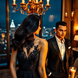 A dramatic and elegant scene showcasing a woman with wavy dark hair wearing an exquisite black dress with intricate lace details, alongside a man in a stylish dark suit and crisp white shirt