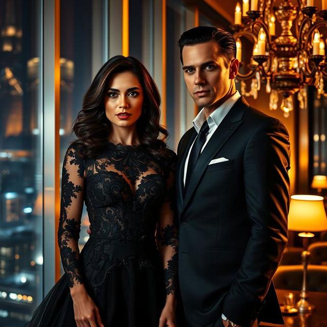 A dramatic and elegant scene showcasing a woman with wavy dark hair wearing an exquisite black dress with intricate lace details, alongside a man in a stylish dark suit and crisp white shirt