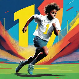 A high-quality digital art of a boy running across a football field, sporting short athletic pants and a shirt with a number '12' emblazoned across it