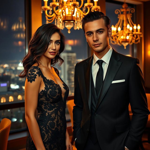 A dramatic and elegant scene featuring a woman with wavy dark hair in an exquisite black dress adorned with intricate lace details, standing alongside a man in a sleek dark suit and crisp white shirt