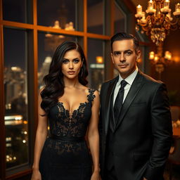 A dramatic and elegant scene featuring a woman with wavy dark hair in an exquisite black dress adorned with intricate lace details, standing alongside a man in a sleek dark suit and crisp white shirt
