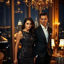 A dramatic and elegant scene featuring a woman with wavy dark hair in an exquisite black dress adorned with intricate lace details, standing alongside a man in a sleek dark suit and crisp white shirt